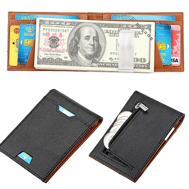 Mens Genuine Leather Money Clip RFID Blocking ID Card Front Pocket Slim Wallet
