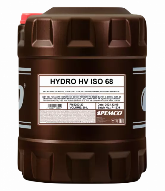 20L PEMCO HV ISO 68 Paraffin Hydraulic Fluid DIN 51524-3 , ISO 11158, MS 1004