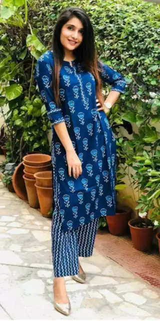 Set pantaloni superiori designer etnico indaco Kurti Kurta abito stampa a blocchi Salwar Kameez