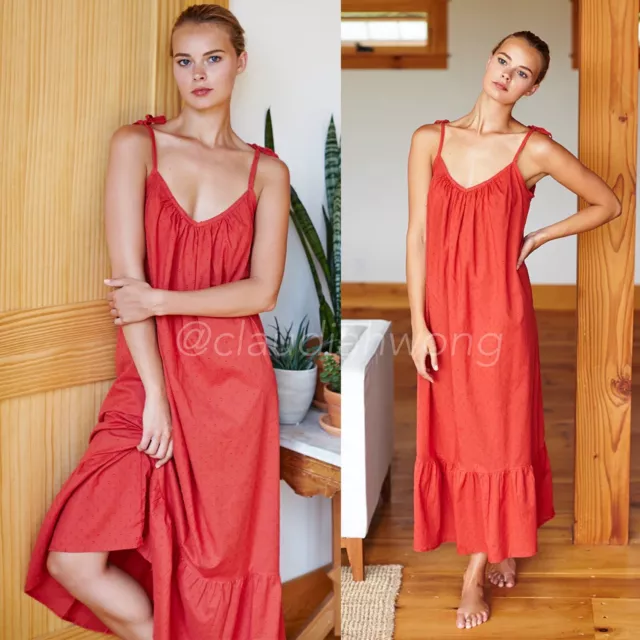 EMERSON FRY Red Swiss Dot India Ruffle Tie Strap V Neck Slip Maxi Sun Dress XS/S