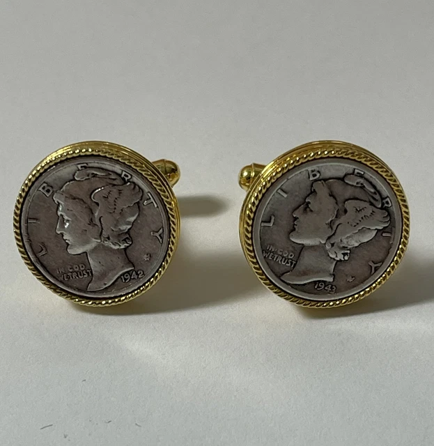 1942-1943 Mercury Dimes Winged Liberty Head - Gold Tone - Cuff Links Vintage