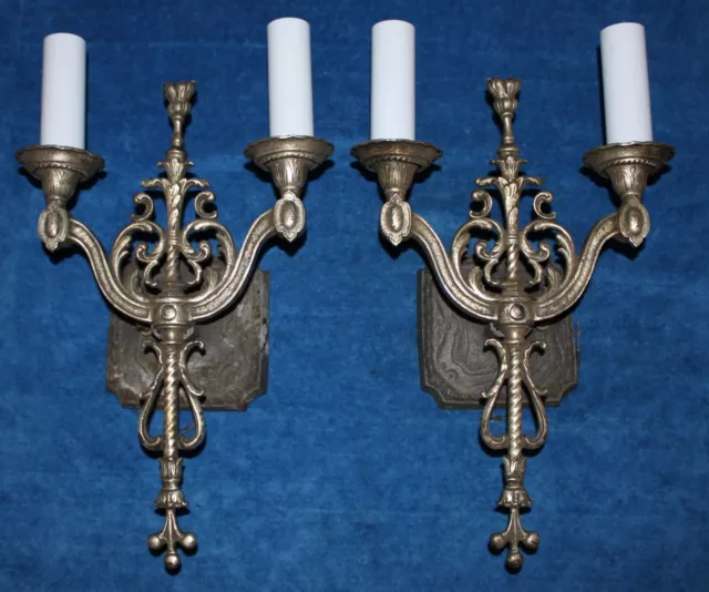 Pair Antique Gothic Spanish Revival Cast Metal Wall Sconces For Parts/Repair