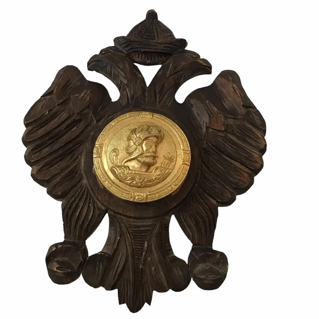 Vintage Carved Wood Double Eagle Coat of Arms Wall Hanging Plaque Vintage Carved Wood Double Eagle Coat of Arms Wall Hanging Plaque