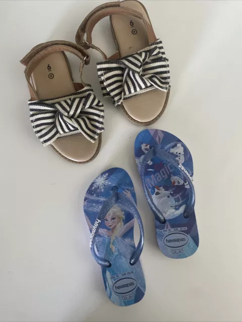 Havaianas Girls Frozen Thongs 23-24 Elsa Olaf And Size 6 Bow Sandles
