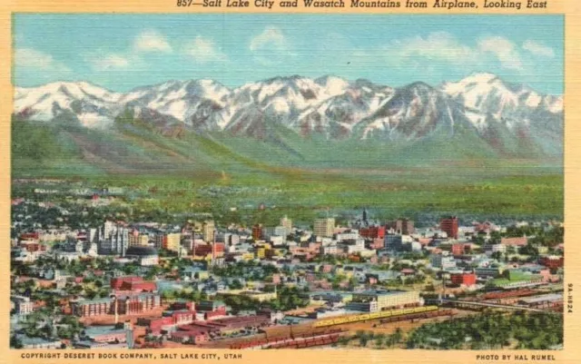 Vtg Postcard Aerial View Wasatch Mountains and Salt Lake City, Utah Unposted