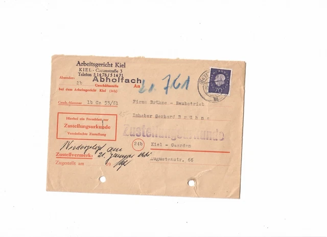 JAB3 - Brief 1961 Bund Heuss 70 pfg. Arbeitgericht Kiel