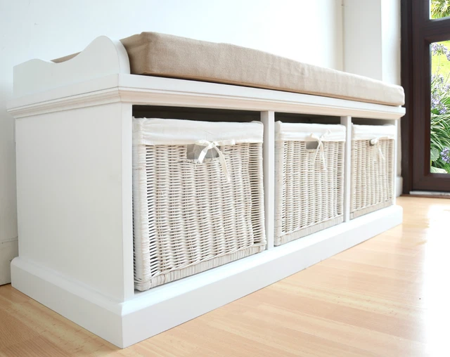 TETBURY WHITE STORAGE Bench with Cushion. ASSEMBLED large hallway