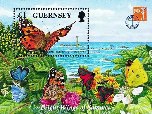 Guernsey 1997 Butterflies S/S Mnh Insects, Stamp Show "Hong Kong'97"