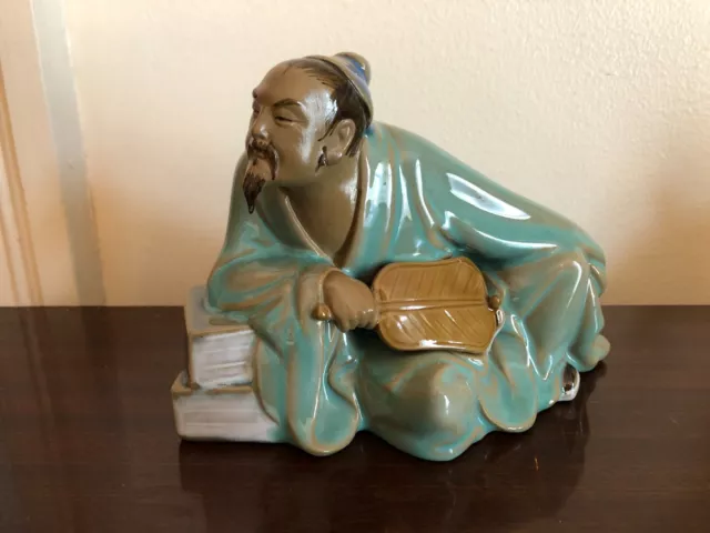 Vintage Shiwan Mudman Figurine - man leaning on books - 076