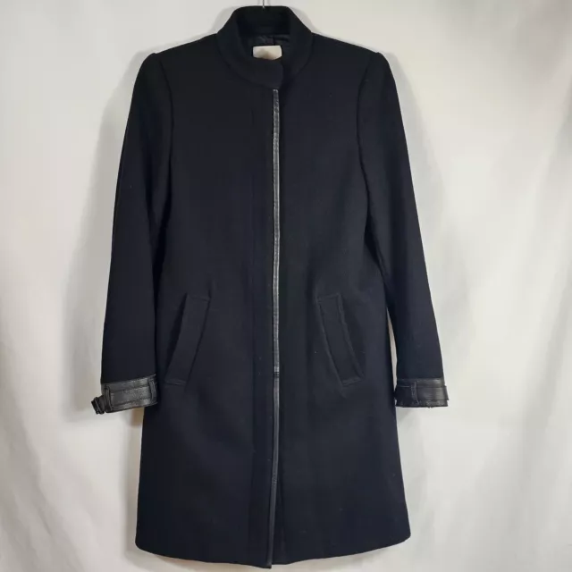 Vince Wool Dress Coat With Lamb Leather Trim Black Textured Womens 2