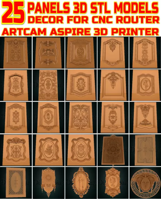 25 STL 3D  Models Panels Decor Furniture Picture for CNC Router Aspire Artcam