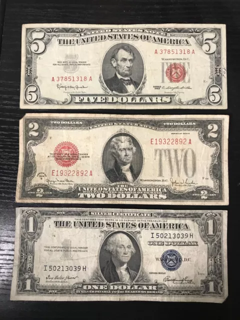 RARE Lot 1935-1957 $1 Blue Seal Silver Certificate 1928-1963 $2 $5 Red Seal Note