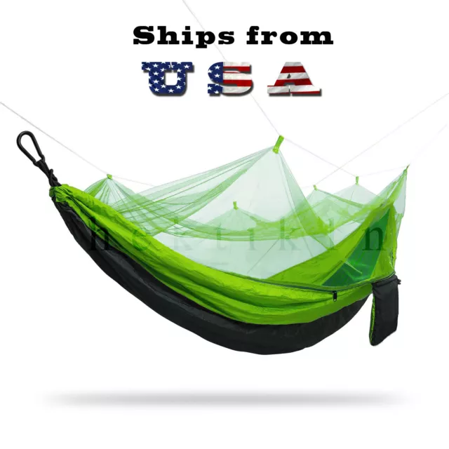 Portable Double Outdoor Parachute Nylon Hammock with Mosquito Net Neon Green