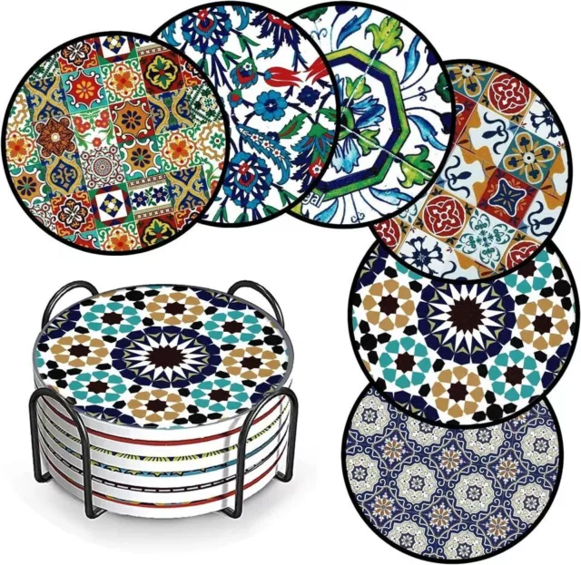 Drink Coasters Set Of 6 Turkish Moroccan Design Round Coaster Tea Coffee Cup Mat