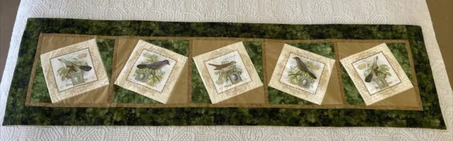 Handmade Patchwork Small Quilt Table Runner Birds Green Brown 130 cm x 35cm