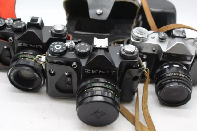 C x3 Vintage USSR KMZ Cased Film Cameras Inc. Zenit TTL, Zenit-E etc