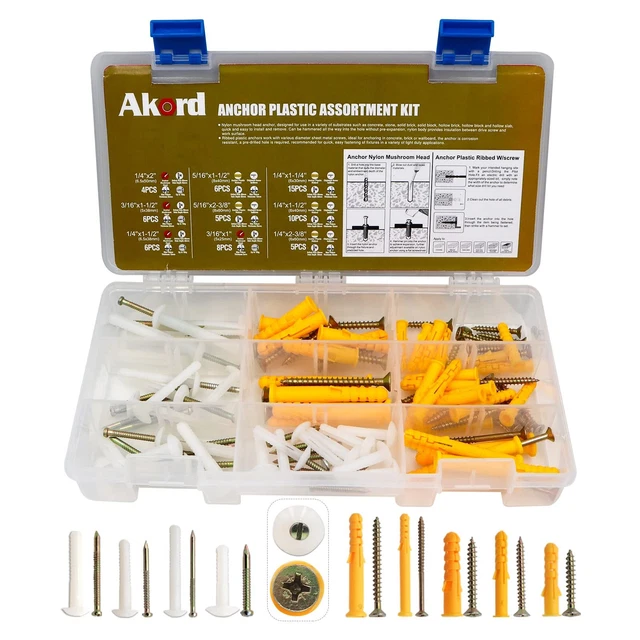 Anchor Plastic Assortment Kit 130PCS, Nylon Mushroom Head, Wall Anchors