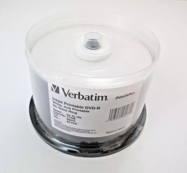 50 Verbatim 16X Blank DVD-R 4.7GB DataLifePlus White Inkjet Hub Printable 95079