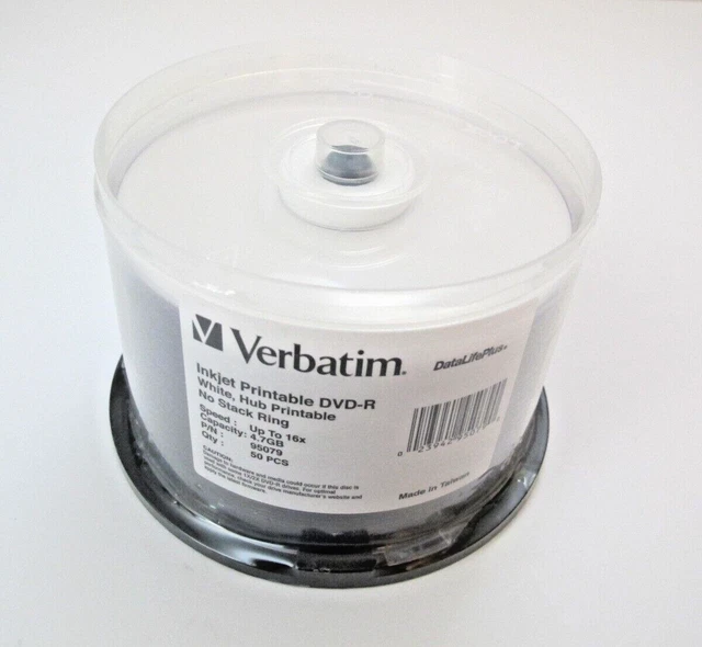 50 VERBATIM 16X Blank DVD-R 4.7GB DataLifePlus White Inkjet Hub ...