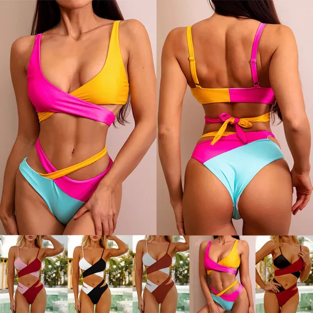 Donna Costume da Bagno Bikini Set Fascia Push-Up Reggiseno Imbottito Spiaggia -