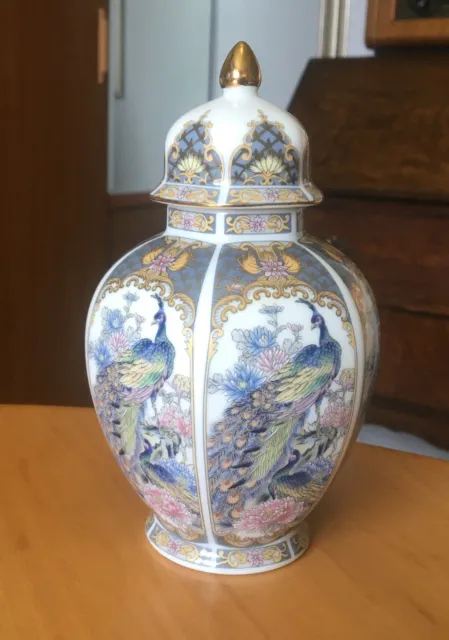 JAPANESE HEXAGONAL GINGER JAR-PEACOCK/PEONY FLOWER/GILDED DECORATION-H16cm