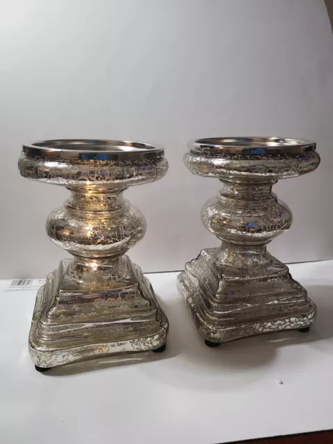 BEAUTIFUL SET of 2 SILVER Illuminated Mirror Pillar Candle Pedestal Holders 12"