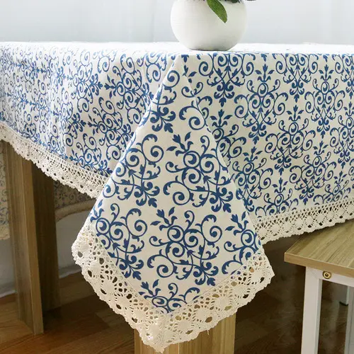 Chinese Classical Blue White Porcelain Lace Tablecloths Linen Cotton Dust-proof