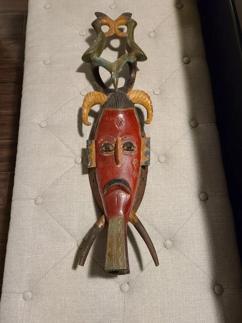 Vintage Hand Carved African Mask Guro Tribe Red IVORY COAST Wood TRIBAL