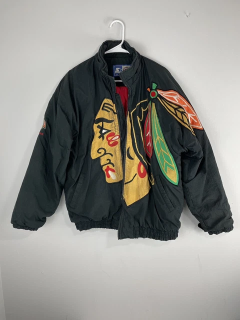 VTG 90s NHL CHICAGO BLACKHAWKS BIG LOGO PUFFER ZIP JACKET STARTER SIZE M READ! VTG 90s NHL CHICAGO BLACKHAWKS BIG LOGO PUFFER ZIP JACKET STARTER SIZE M READ!