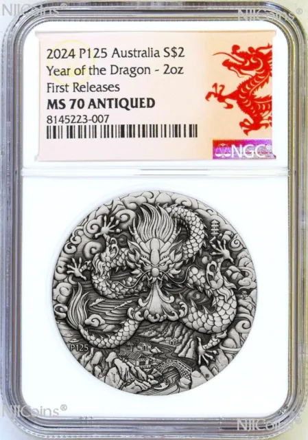 2024 Australia Antiqued LUNAR Year of the DRAGON 2oz $2 Silver Coin NGC MS70 FR