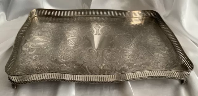 Large 18x12 Sheffield Silver Plated Oblong Serving Tray Galleried With Claw Feet