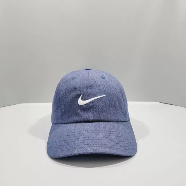 Nike Hat Strapback Mens Blue White Swoosh Denim Casual Outdoors Adjustable Cap