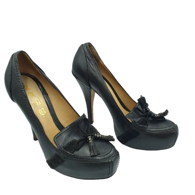 L.A.M.B. Gwen Stefani Size 8.5 Black Leather Tassel Toe Platform Stiletto Pumps