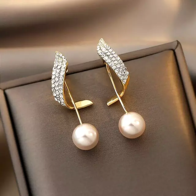 Gold Crystal Pearl Drop Earrings Rhinestone Diamante Bridal Wedding Dangle UK