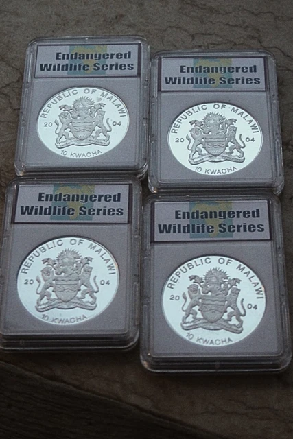 Lot of 4, 2004 Milawi Endangered wildlife series, 10 Kwacha Silver coins PR