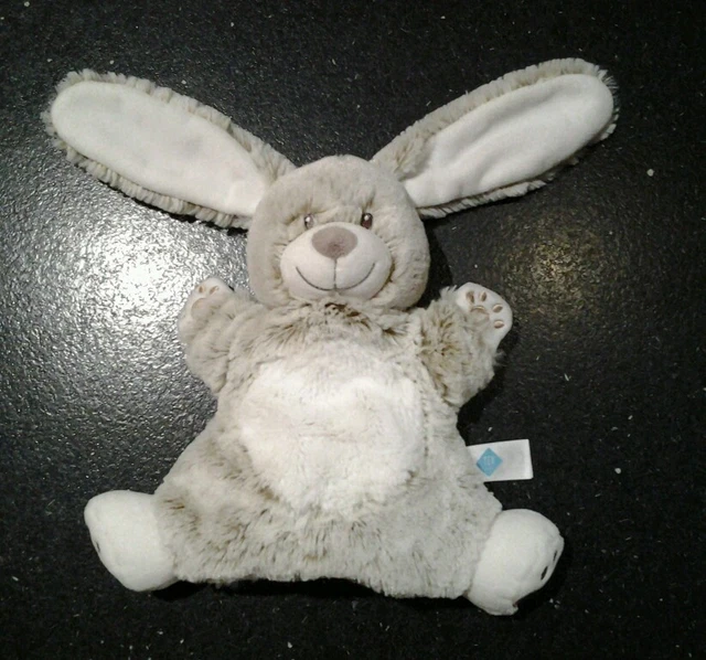 TBE - Doudou Peluche TEX baby carrefour lapin marionnette marron chiné empreinte