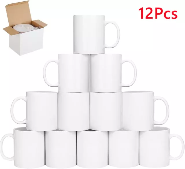 12 x Sublimation Mugs 11oz White Large Handle Coated Heat Press Gift Boxes