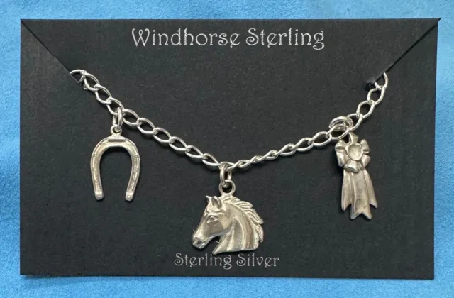 Windhorse Sterling Silver Horse Show Charm Bracelet 7 inch Cable Chain 3 Charms