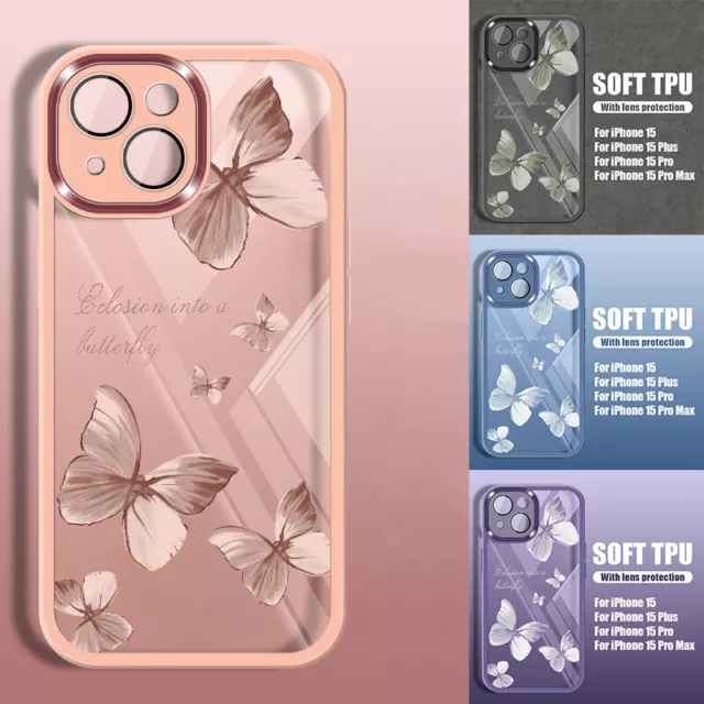 For iPhone 15 Pro Max 14 13 12 11 Butterfly Clear Glossy Soft Phone Case Cover