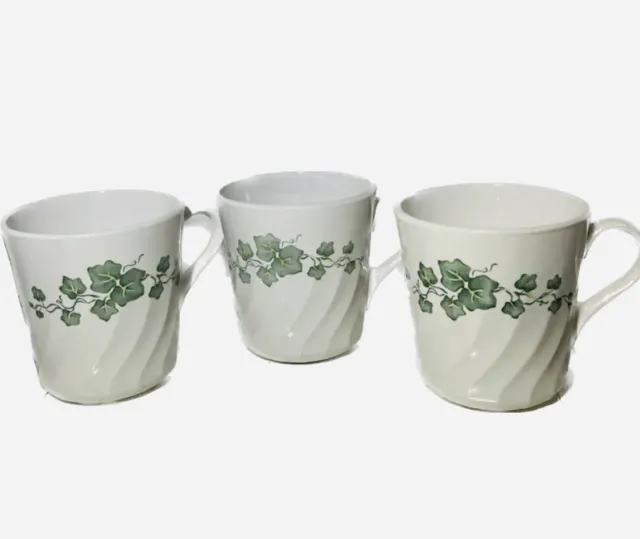 3 Corning Corelle Callaway Coffee Cup Mug White Swirl Green Leaves Ivy Vines