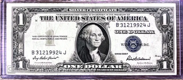 1935-F Crisp US One 1 Dollar Bill Silver Certificate Blue Seal No Motto Banknote
