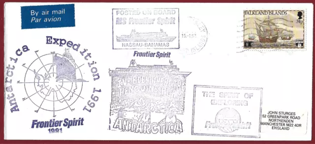 Falklands Cover to UK MS Frontier Spirit Various Cachets