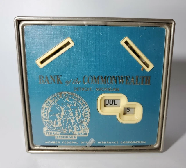 Vintage Square Coinbank with Calendar Bank of Commonwealth Detroit Mich. No Key