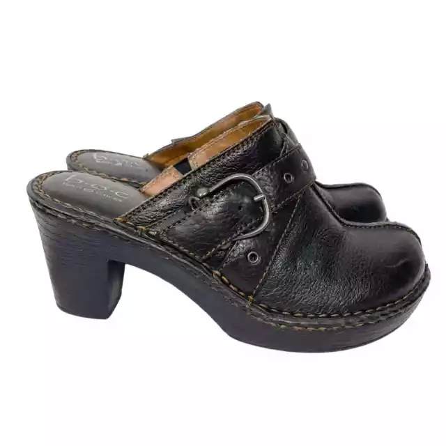 Boc Born Concept Black Leather Buckle Heeled Clog Mules Round Toe Womens Size 10