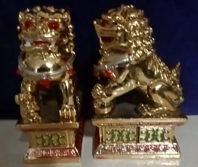 Feng Shui Chinese Metal Gold Tone Lion Statue Foo Dog Pair