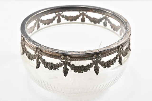 J90A04 - Old Glass Bowl with Cut Decor & Silver Plated Mount