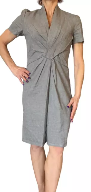 Paule Ka Iconic Paris Women Gray Dress Linen Short Sleeve Sheath Twist Knot 42 6 2