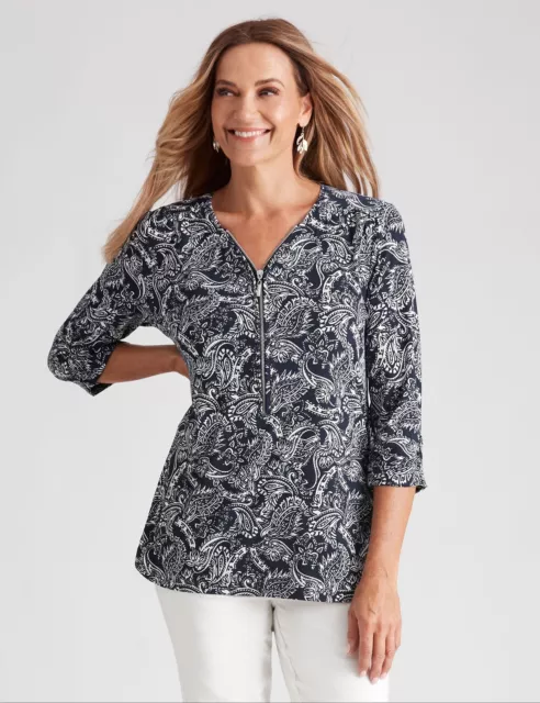 Womens Tops -  3/4 Sleeve Zipped Detail Print Top - MILLERS