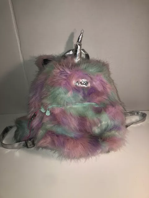 Justice Girls Fuzzy Purple & Aqua Unicorn Carry On Bag Chrome Back Pack