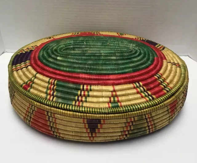 Vtg Native Hand Woven COIL BASKET with LID  ~Bright Colors~  14” X 11”X 5” NICE!